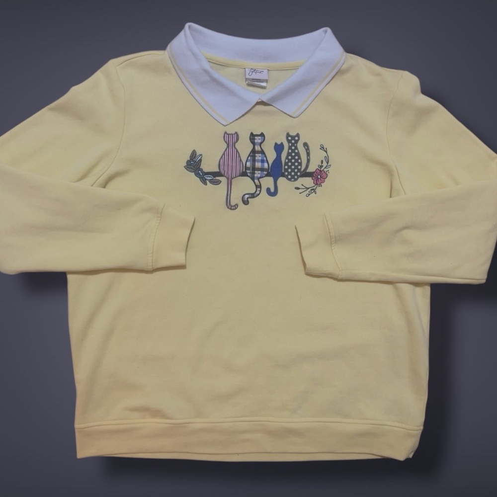 Vintage Adrian Delafield Yellow Embroidered Patchwork Cats Collared Sweater